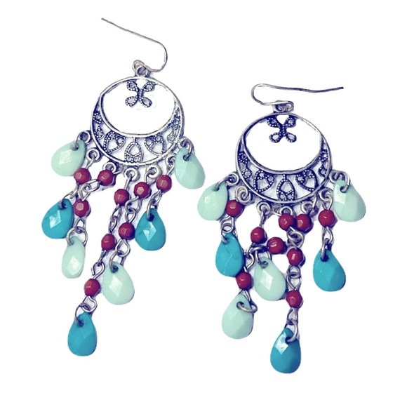 Vintage Jewelry - New Sterling Silver Blue Green Red Beaded Boho Handmade Floral Chandler Earrings